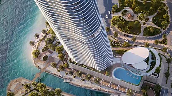 Aerial view of the private beach and boardwalk at the base of Waterfront by Missoni