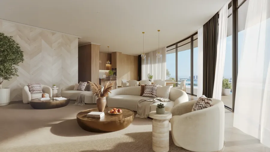 Missoni-designed living room with curved sofas, chevron oak wall, bronze tables and floor-to-ceiling sea views