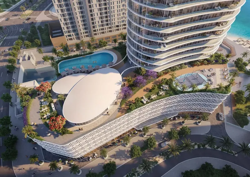Podium lifestyle deck with swimming pool, padel court, clubhouse and Missoni zigzag facade