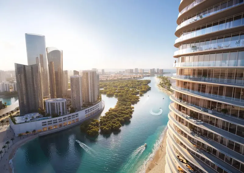 Waterfront by Missoni tower beside the canal, mangroves and beach on Al Reem Island